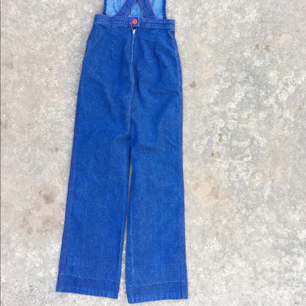 70s High Waisted Bird Floral Denim Overalls XS - Picture 4 of 5